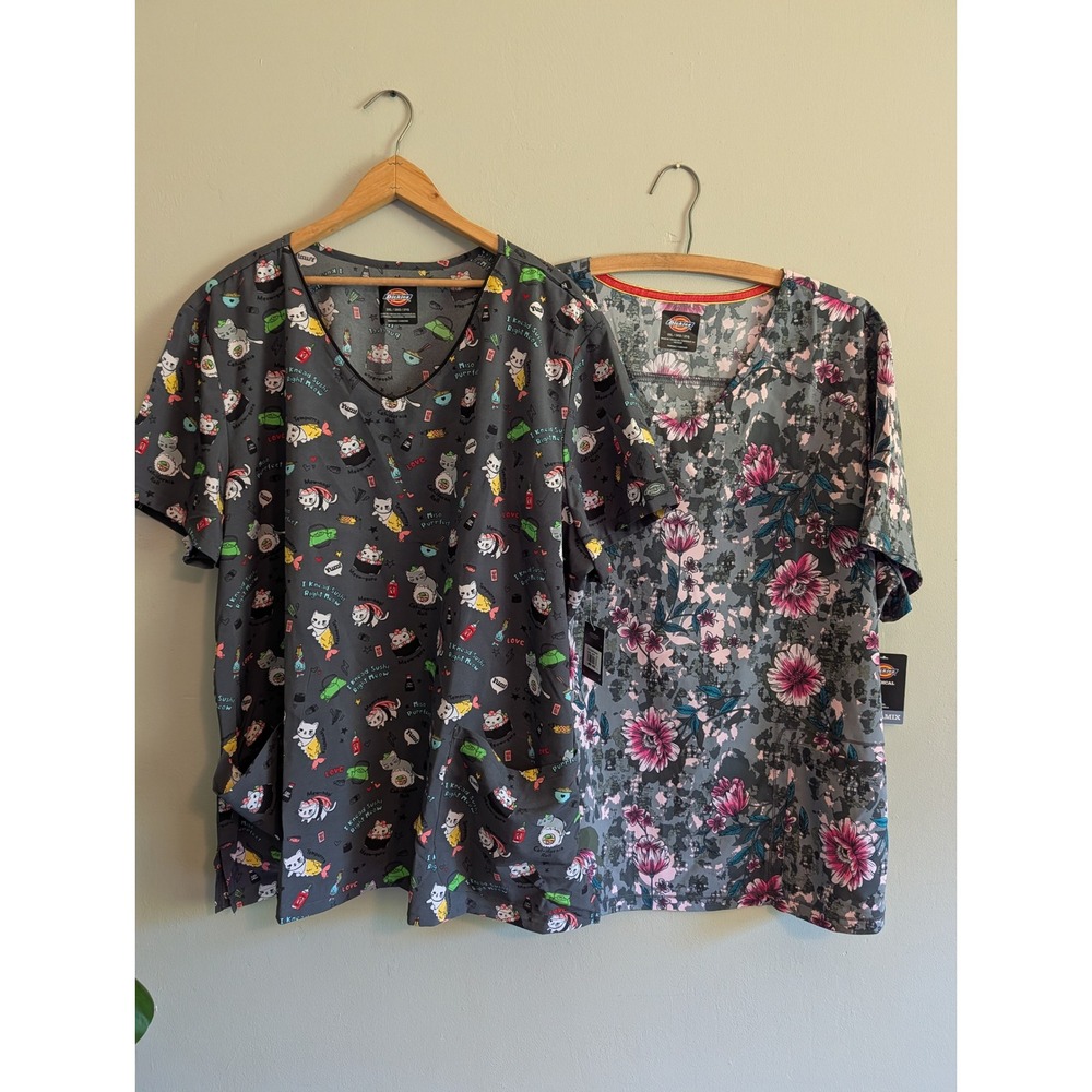 Lot of 2 Dickies Medical Scrub Tops 3XL Cat Sushi Floral V-Neck DK852 DK623 2pk